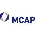 A hexagon outlined in blue and grey colour located on left side above MCAP wordmark in blue colour